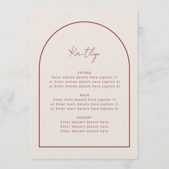 Arch Minimalist Terracotta Guest Name Wedding Menu (Front)