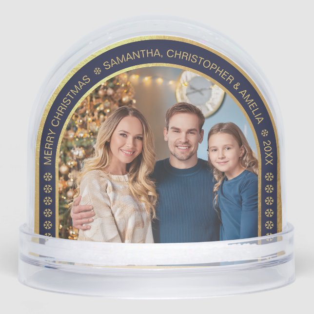 Arch Navy Blue Faux Gold Christmas Family Photo  Snowglobe (Front)