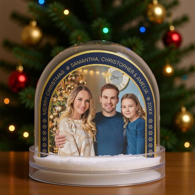 Arch Navy Blue Faux Gold Christmas Family Photo  Snowglobe (Snow globe with Christmas tree)
