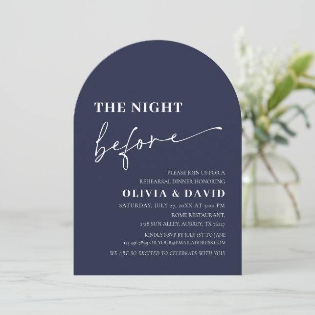 Arch Navy Blue The Night Before Rehearsal Dinner Invitation (Standing Front)