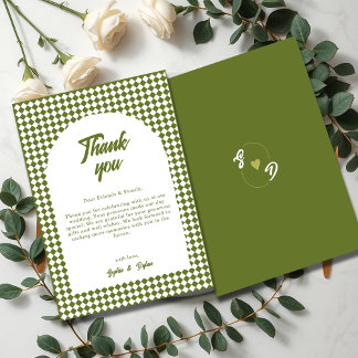 Arch Olive green Minimalist Retro Checker Wedding Thank You Card