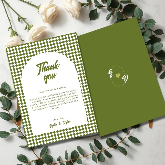 Arch Olive green Minimalist Retro Checker Wedding Thank You Card (Creator Uploaded)