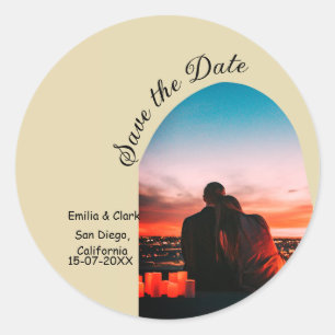 arch photo beige boho save the date QR modern Classic Round Sticker