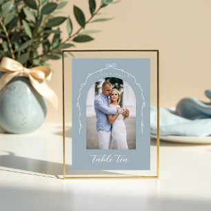 Arch Photo Blue Bow & Ribbon Wedding Table Number