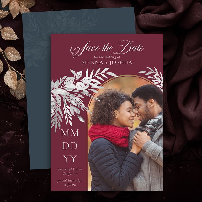 Arch Photo Botanical Foliage Burgundy Grey Save The Date (Photo Save the Date Invite in Burgundy and Grey from the Foliage Duet Collection by Darling & May)