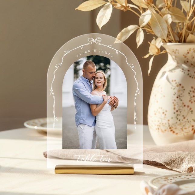 Arch Photo Chic Bow & Ribbon Wedding Table Number (Arch Photo Blue Bow & Ribbon Wedding Table Number)