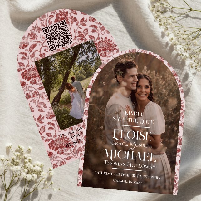 Arch Photo Floral Toile Script Save the Date Invitation (Formally invite guests to your big day with this Arch Photo Floral Toile Script Save the Date!)