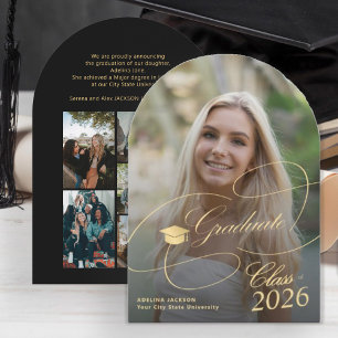 Arch photo gold black graduate script graduation invitation