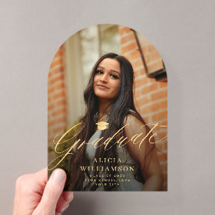 Arch photo gold script graduation announcement