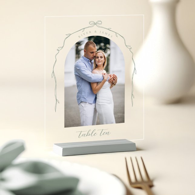 Arch Photo Green Bow & Ribbon Wedding Table Number Acrylic Sign (Arch Photo Green Bow & Ribbon Wedding Table Number Acrylic Sign)
