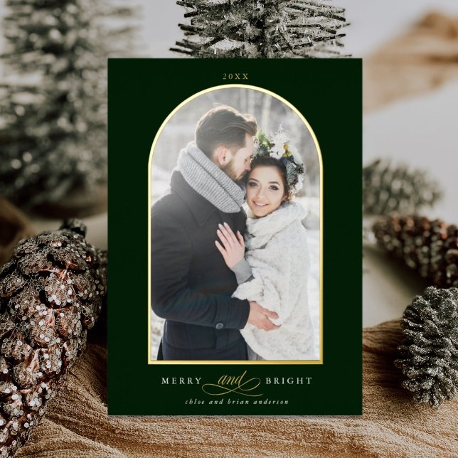 Arch Photo Merry & Bright Gold Foil Holiday Card (Creator Uploaded)