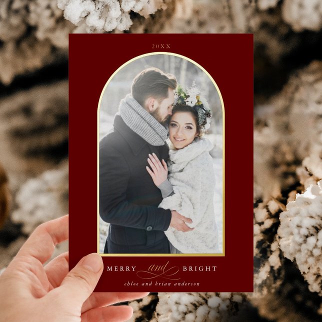 Arch Photo Merry & Bright Gold Foil Holiday Card (Creator Uploaded)