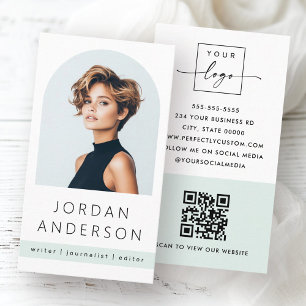 Arch photo minimal pale dusty sea green QR logo Business Card