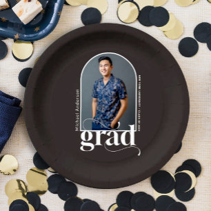 Arch Photo Modern Grad Black Graduation Party Paper Plate