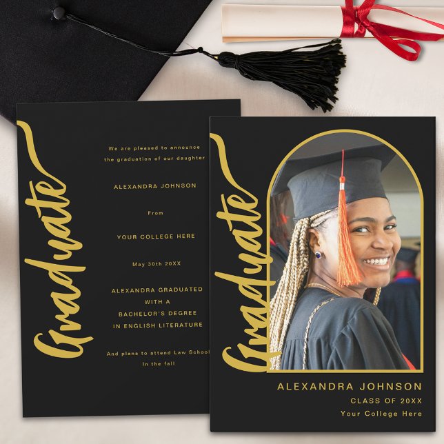 Arch Photo Modern Graduation  Announcement (Arch photo black and gold elegant script graduation announcement card)