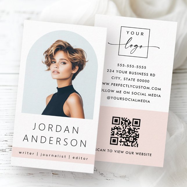 Arch photo modern minimal light blush pink QR logo Business Card (Arch photo modern minimal light blush pink QR logo Business Card)