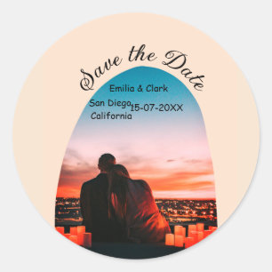 arch photo orange boho save the date QR modern Classic Round Sticker