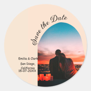 arch photo orange boho save the date QR modern Classic Round Sticker