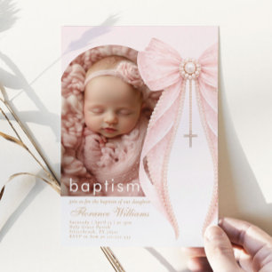 Arch Photo Pink Coquette Bow Baby Girl Baptism Invitation