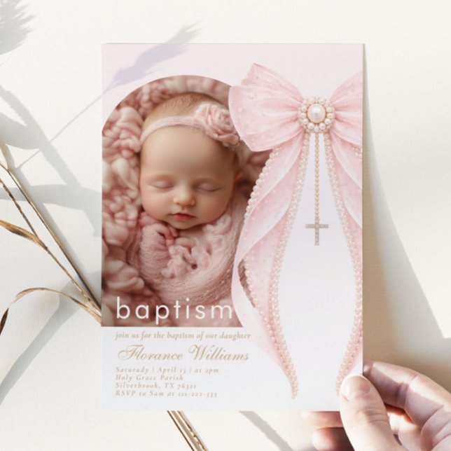Arch Photo Pink Coquette Bow Baby Girl Baptism Invitation (Creator Uploaded)