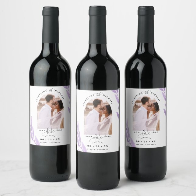 Arch Photo, Purple Leaves Wedding Save the Date Wine Label (Bottles)