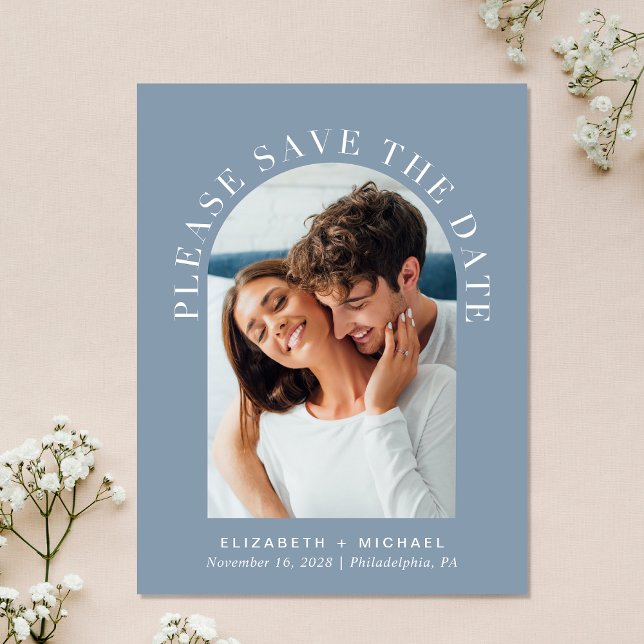 Arch Photo QR Code Dusty Blue Save The Date Announcement Postcard (Celebrate your love story with a save the date showcasing your photo in an elegant arch frame)