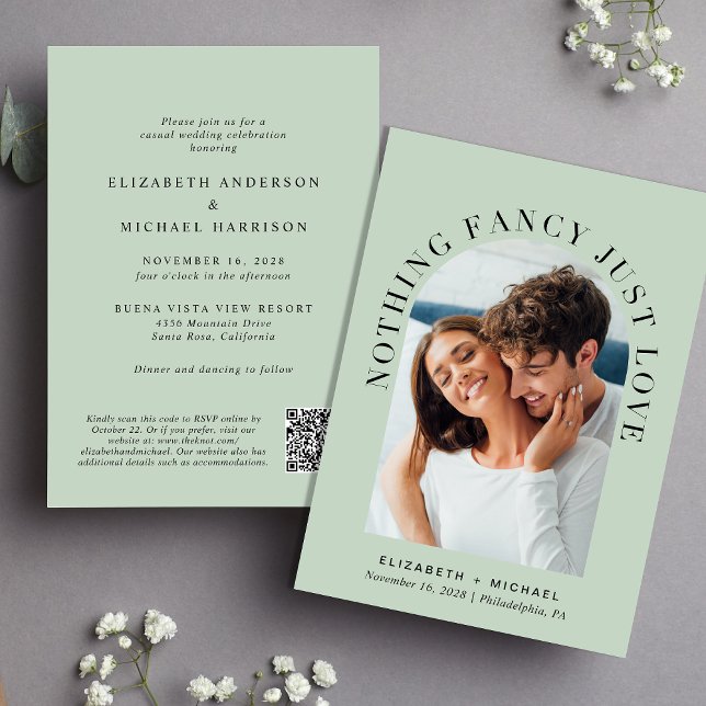 Arch Photo QR Code Nothing Fancy Just Love Wedding Invitation (Celebrate your love story with an invitation showcasing your favorite photo in an elegant arch frame)