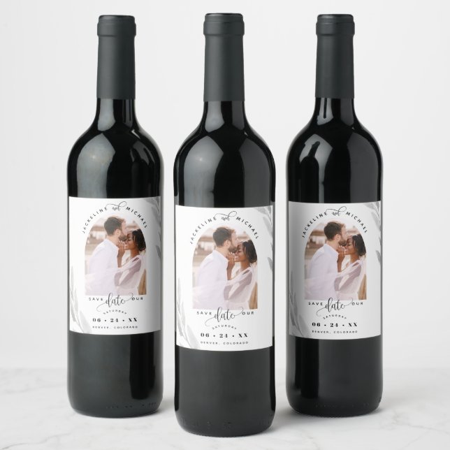 Arch Photo, Silver Leaves Wedding Save the Date Wine Label (Bottles)