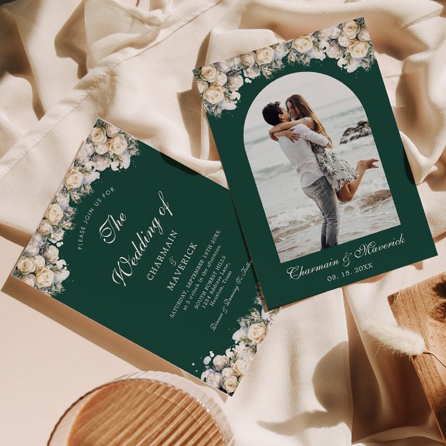 Arch Photo With White Roses Emerald Green Wedding  Invitation (Creator Uploaded)