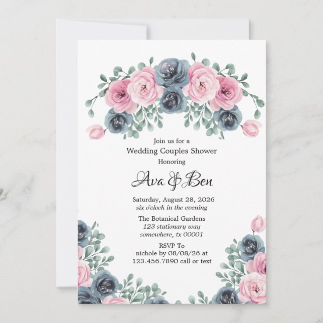 Arch Pink & Blue Blooms Wedding Couples Shower Invitation (Front)
