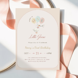 Arch Pink Bow One Little Goose 1st Birthday Party Invitation