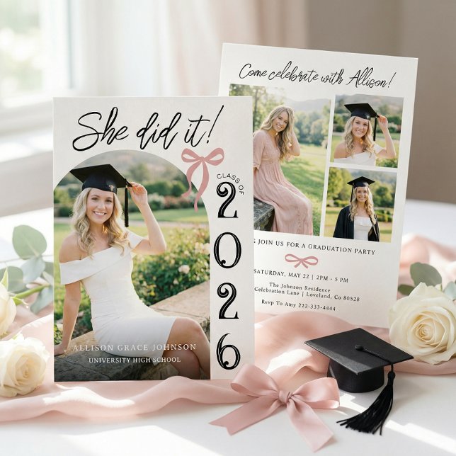 Arch Pink Bow Photo Graduation Party Invitation (Creator Uploaded)