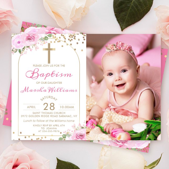 Arch Pink Floral Gold Glitter Girl Baptism Photo Invitation (Creator Uploaded)