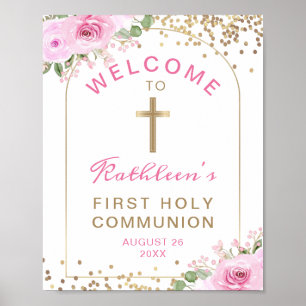 Arch Pink Gold Floral First Holy Communion Welcome Poster