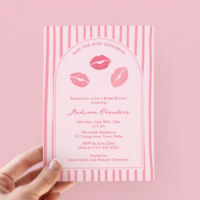 Arch Pink Lips Kiss The Miss Goodbye Bridal Shower Invitation (Modern pink kissy lips Valentine's Day bridal shower invitations with modern arch)