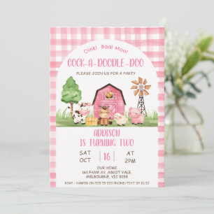 Arch Pink Plaid Farm Oink Baa Moo 2nd Birthday  Invitation