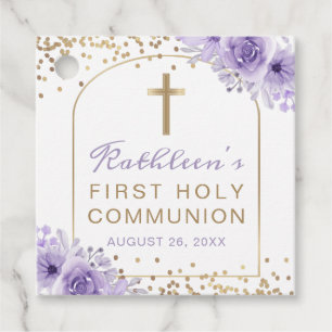 Arch Purple Gold Floral First Communion Thank You Favour Tags