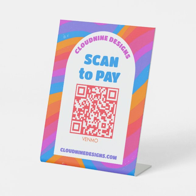 Arch Rainbow Waves SCAN TO PAY QR CODE Pride Pedestal Sign (Front)