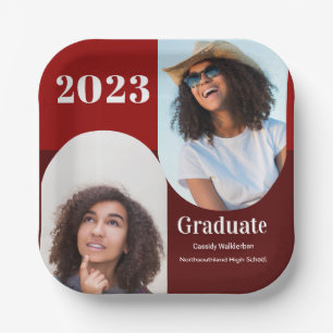 Arch Red Burgundy Two Photo Graduation Paper Plate