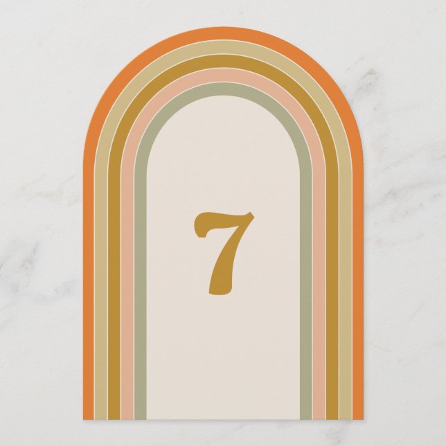 Arch Retro Rainbow Groovy Wedding Table Number (Front)