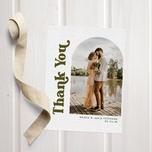 Arch & Retro Type Dark Green Photo Wedding Thank You Card