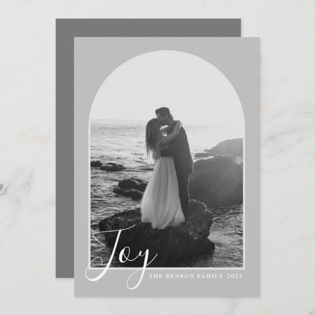  Arch Script Joy Grey Vertical Holiday Card (Front/Back)
