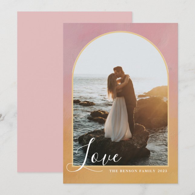 Arch Script Love Painted Pink Gold Vertical Holiday Card (Front/Back)