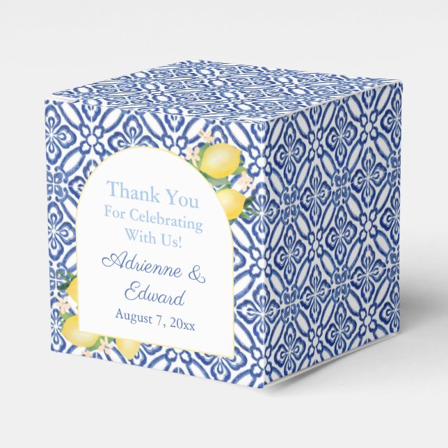 Arch Shape Amalfi Lemons Blue White Tiles Wedding Favour Box (Front Side)