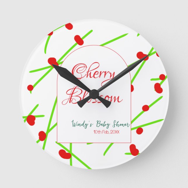 Arch shape cherry blossom red green baby shower na round clock (Front)