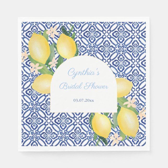 Arch Shape Italian Lemons Blue Tiles Bridal Shower Napkin (Front)