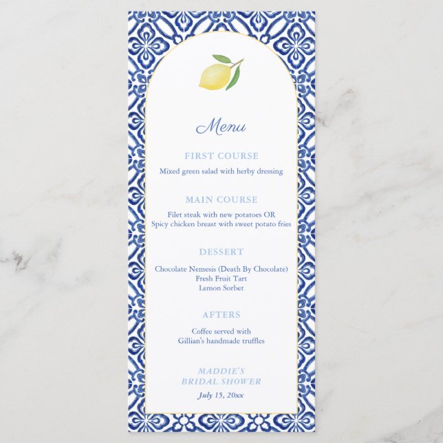 Arch Shape Lemons Blue Tiles Bridal Shower Party Menu (Front)