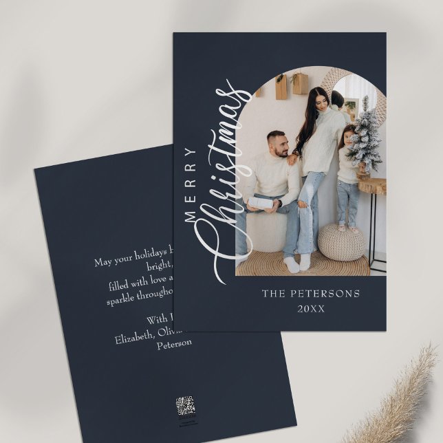 Arch Shape Midnight Blue Photo Christmas Greeting Holiday Card (Arch Shape Midnight Blue Photo Christmas Greeting Holiday Card on a white table)