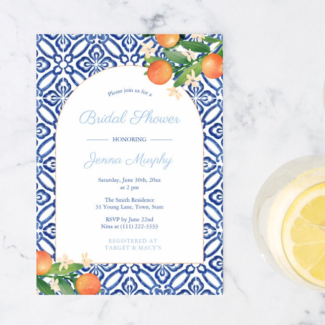 Arch Shape Oranges Blue Tiles Wedding Shower Party Invitation (Creator Uploaded)