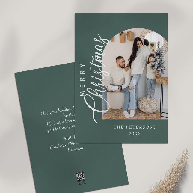 Arch Shape Sage Green Photo Christmas Greeting Holiday Card (Arch Shape Sage Green Photo Christmas Greeting Holiday Card on a table with dry wildflower.)